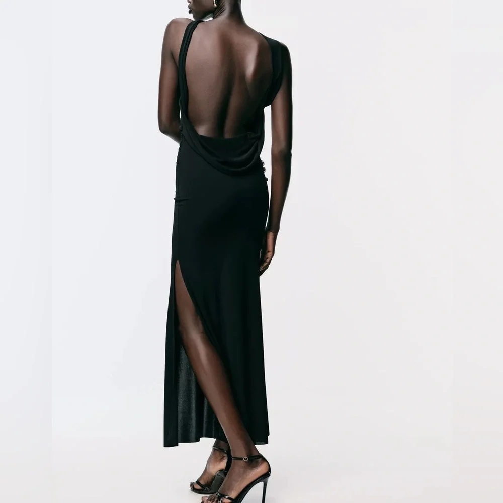 Zara Black Fitted Wrap Midi Dress Gold Neck Detail Criss-cross Back Slit NWT S